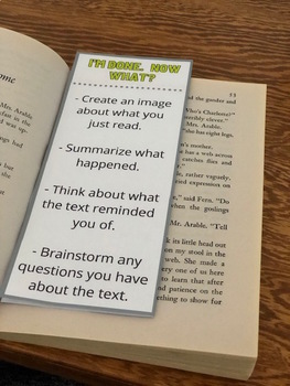 The fun bookmark is the perfect tool for students doing independent reading! It directs them to use strategies when they are having difficulty with a text. When they're done reading, it gives them post-reading strategy ideas! Choose from 5 different bookmark designs for students to decorate.