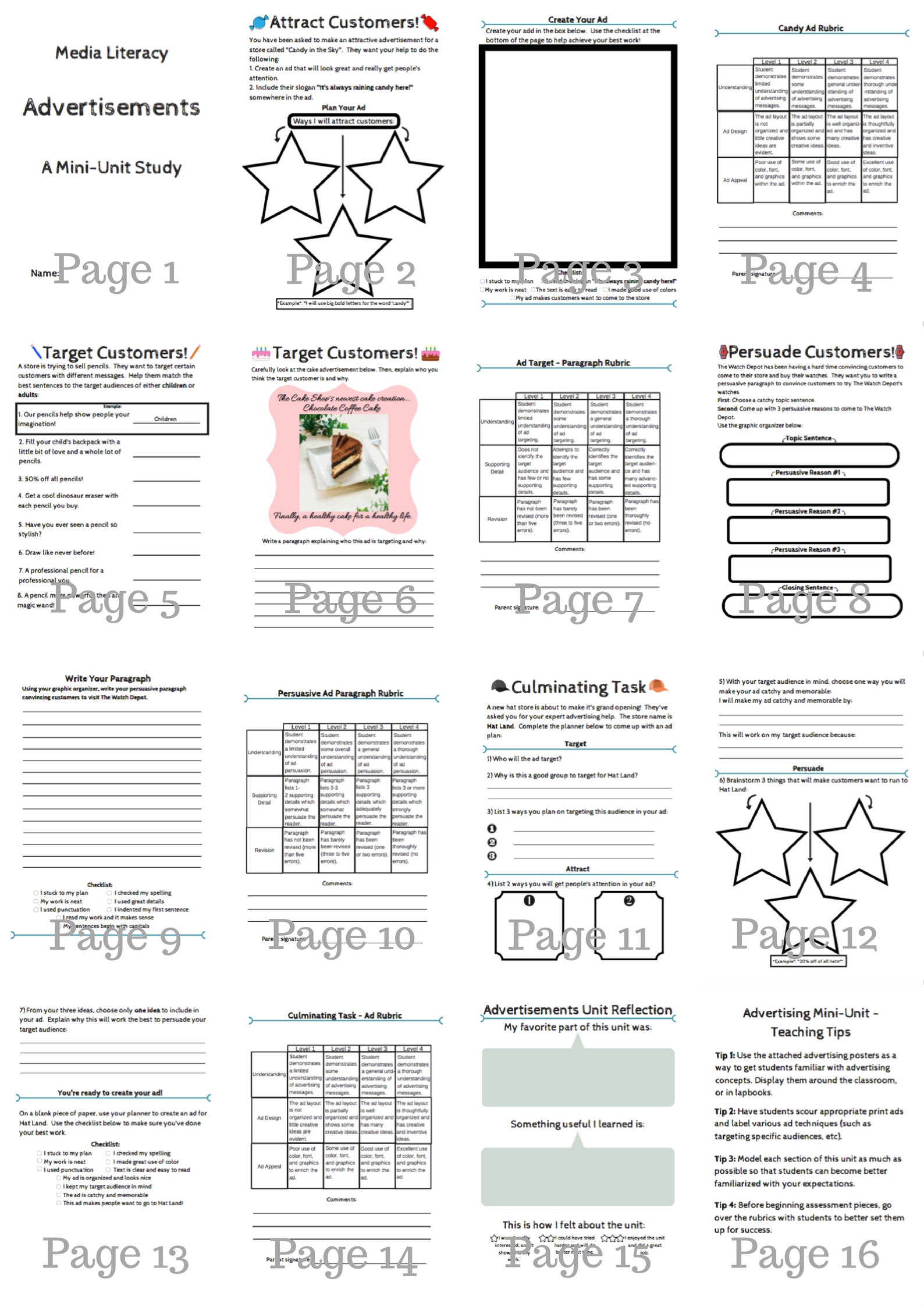 In this advertising unit, students will be asked to identify and create their own techniques in a series of wonderful activities. This unit includes graphic organizers, checklists, rubrics, teaching tips, self assessments and more. Also included is a colorful and engaging poster set about the purpose of advertisements.