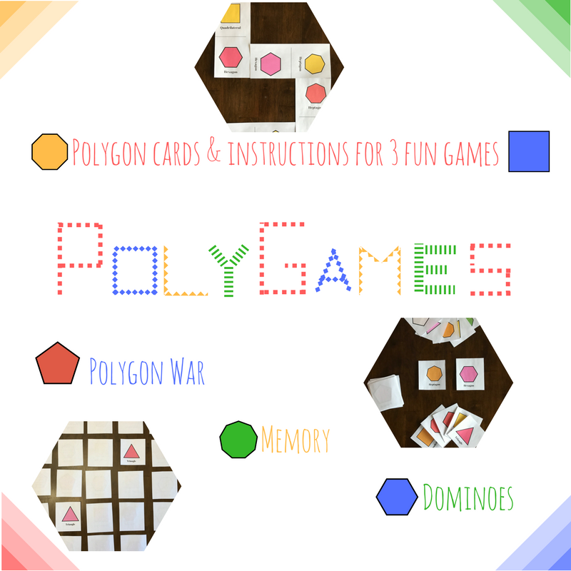 Three fun card games that teach students shape recognition. Polygon War, Memory Game, and Shape Dominoes.