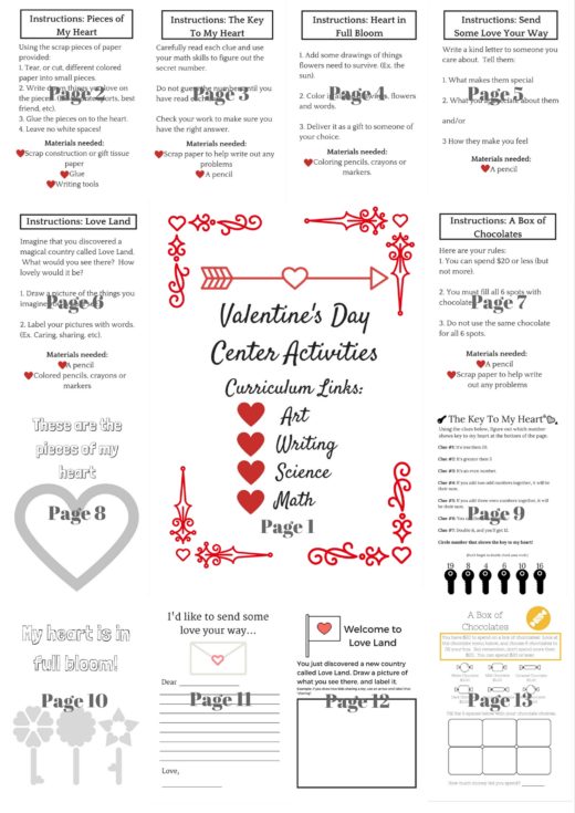 An adorable, lovey-dovey Valentine's Day center activities package! Receive 6 fun center activities ranging in curriculum topics such as: Math, Science, Writing and Art. Each center activity comes with it's own instruction page, for absolute clarity. Your class will love showing their Valentine's Day spirit, while still learning with these creative activities.